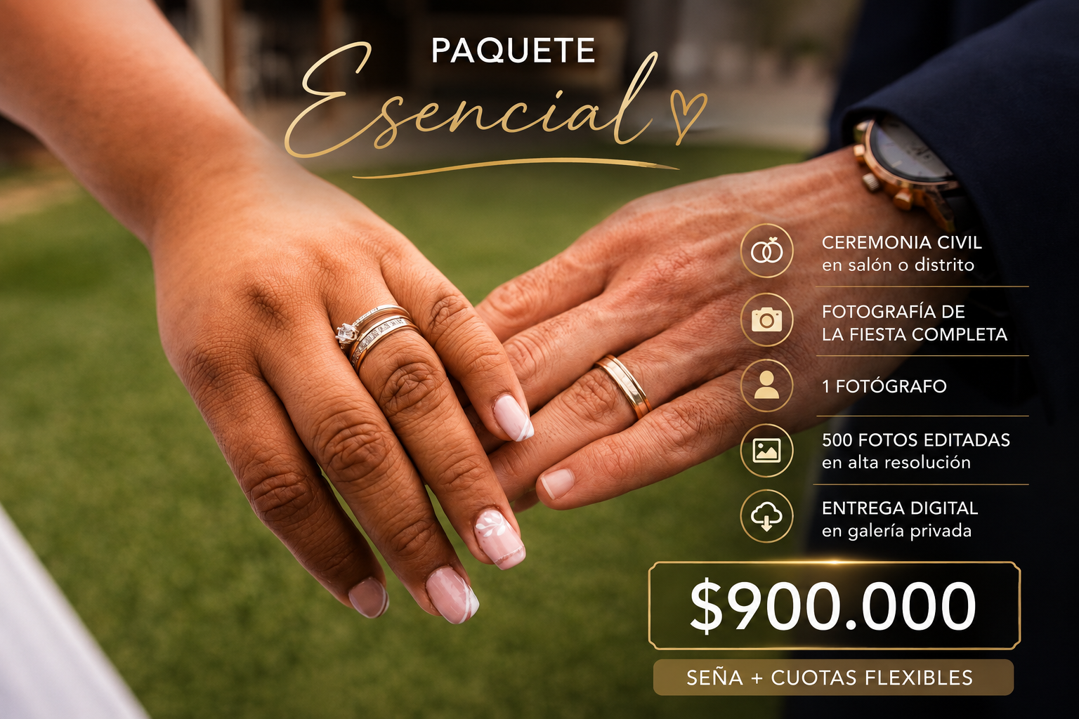 Paquete Esencial de Boda - $900.000: ceremonia civil en salón o distrito, fotografía de la fiesta completa, 1 fotógrafo, 500 fotos editadas en alta resolución y entrega digital en galería privada