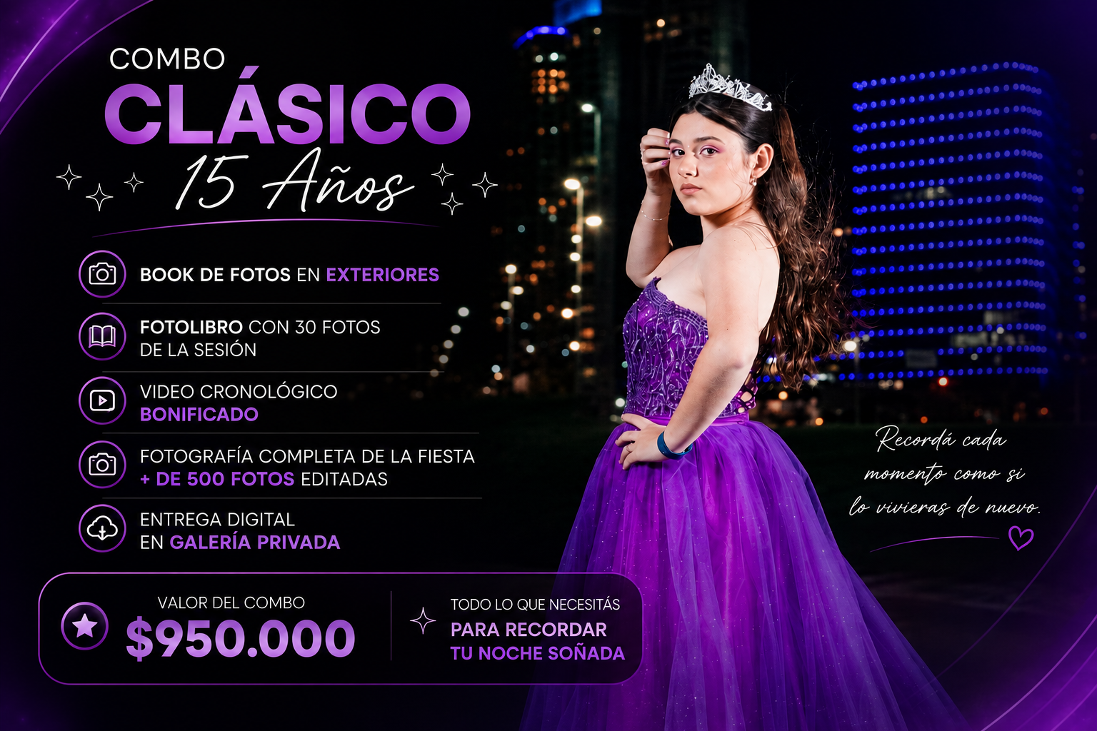 Combo Clásico 15 años - $950.000: book de fotos en exteriores, fotolibro con 30 fotos de la sesión, video cronológico bonificado, fotografía completa de la fiesta con más de 500 fotos editadas y entrega digital en galería privada