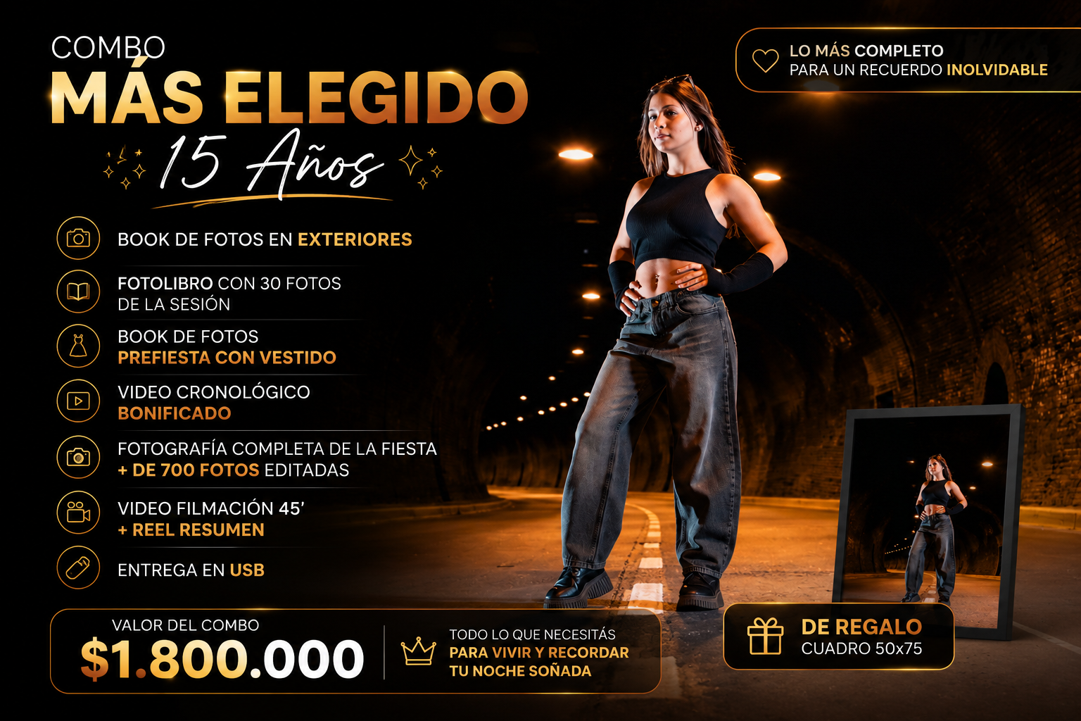 Combo Más Elegido 15 años - $1.800.000: book de fotos en exteriores, fotolibro con 30 fotos de la sesión, book prefiesta con vestido, video cronológico bonificado, fotografía completa de la fiesta con más de 700 fotos editadas, video filmación de 45 minutos más reel resumen, entrega en USB y cuadro 50x75cm de regalo