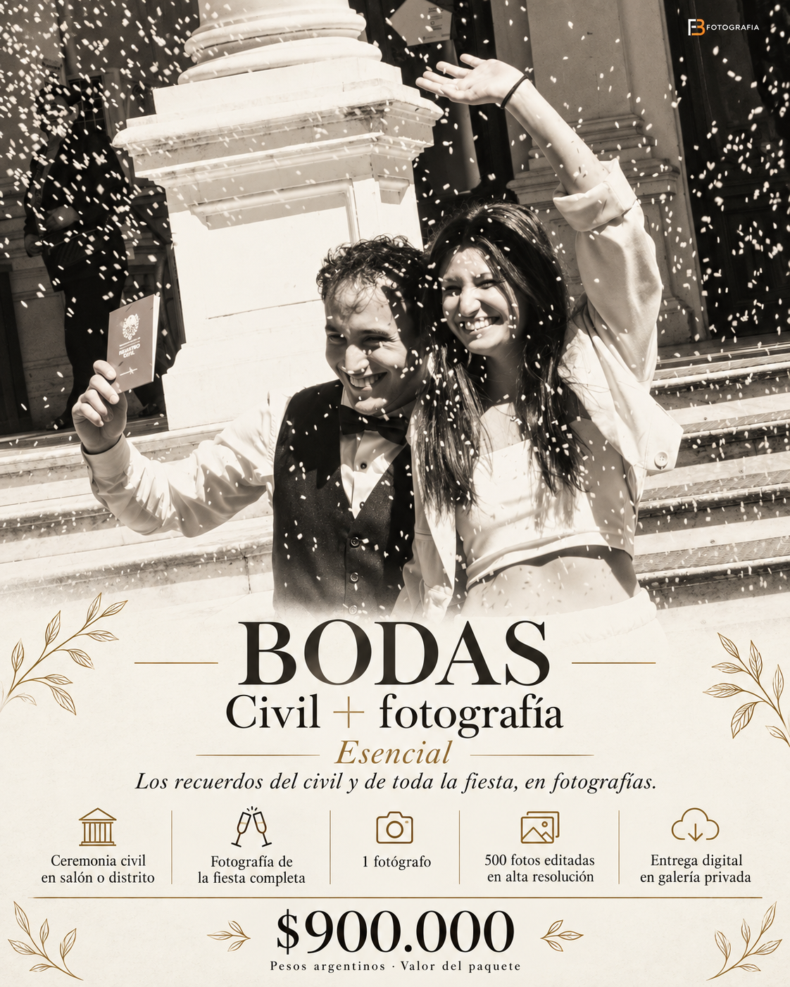 Presupuesto de boda Esencial: $900.000 pesos argentinos. Civil y fiesta completa. Un fotógrafo, 500 fotos editadas en alta resolución y galería privada.