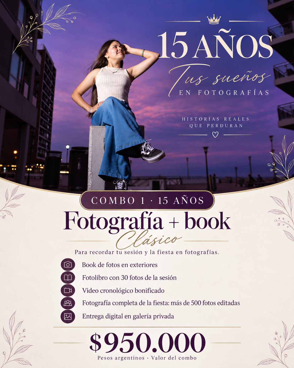 Paquete de 15 años Clásico, $950.000 pesos argentinos. Book en exteriores, fotolibro de 30 fotos, más de 500 fotos editadas de la fiesta y galería privada.